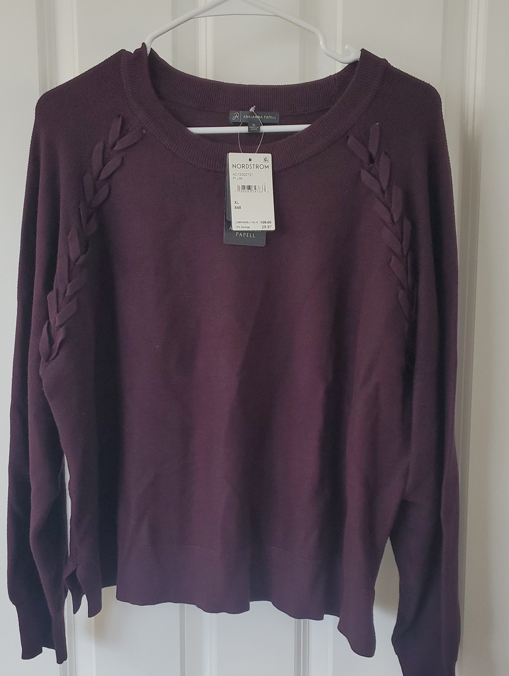Adrianna Papell Plum Braided-Shoulder Sweater